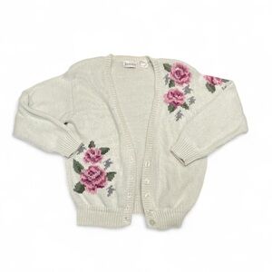VINTAGE JANTZEN Cream Cardigan with Pink Floral Design With shoulder pads Size M